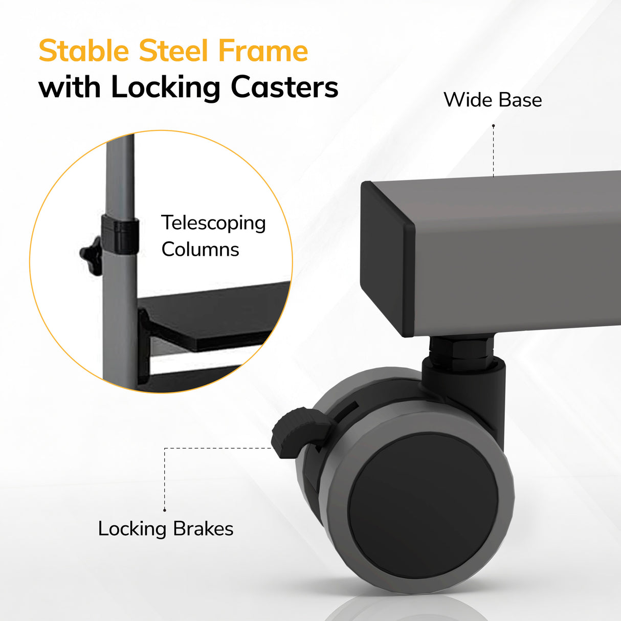 Close-up of the Mount-It! Rolling Computer Work Station with Monitor Mount, showing a stable steel frame, wide base, telescoping columns, and locking caster wheels for easy mobility and secure positioning.