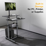 The Mount-It! Rolling Computer Work Station with Monitor Mount features built-in storage for your PC, printer, or supplies and serves as a modern laptop workstation for monitor, keyboard, and mouse.