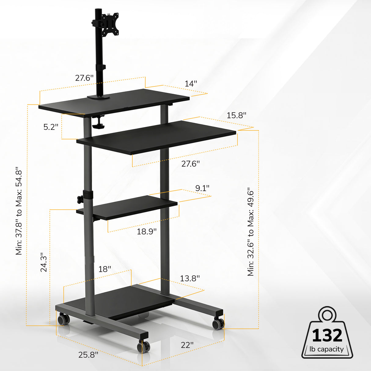 The Mount-It! Rolling Computer Work Station with Monitor Mount features height-adjustable design up to 54.8", multiple shelves, and a 132 lb capacity. Ideal as a versatile laptop station for any workspace.