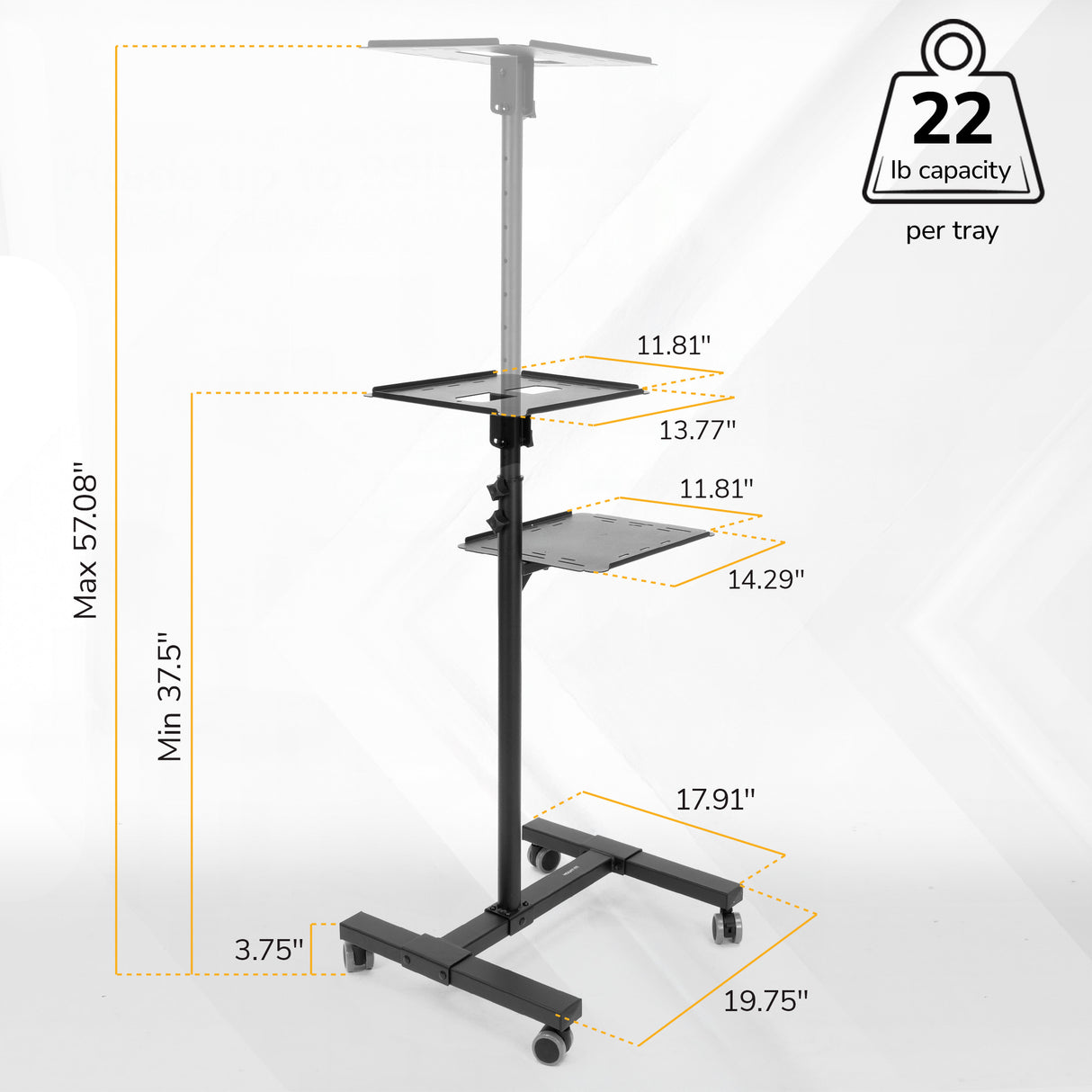 The Mount-It! Portable Height Adjustable Laptop & Projector Stand features three trays at varying heights (37.5–57.08"), each supporting up to 22 lbs. Includes a black wheeled frame, labeled tray sizes, and is ideal for media devices or projectors.