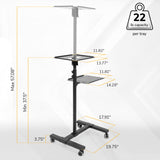 The Mount-It! Portable Height Adjustable Laptop & Projector Stand features three trays at varying heights (37.5–57.08"), each supporting up to 22 lbs. Includes a black wheeled frame, labeled tray sizes, and is ideal for media devices or projectors.