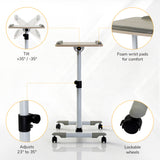The Mount-It! Height Adjustable Rolling Laptop Cart serves as a laptop cart or projector stand with a tilting tabletop, foam wrist pads, 23–35" height range, and lockable wheels. Circular insets show close-up views and labels of key features.