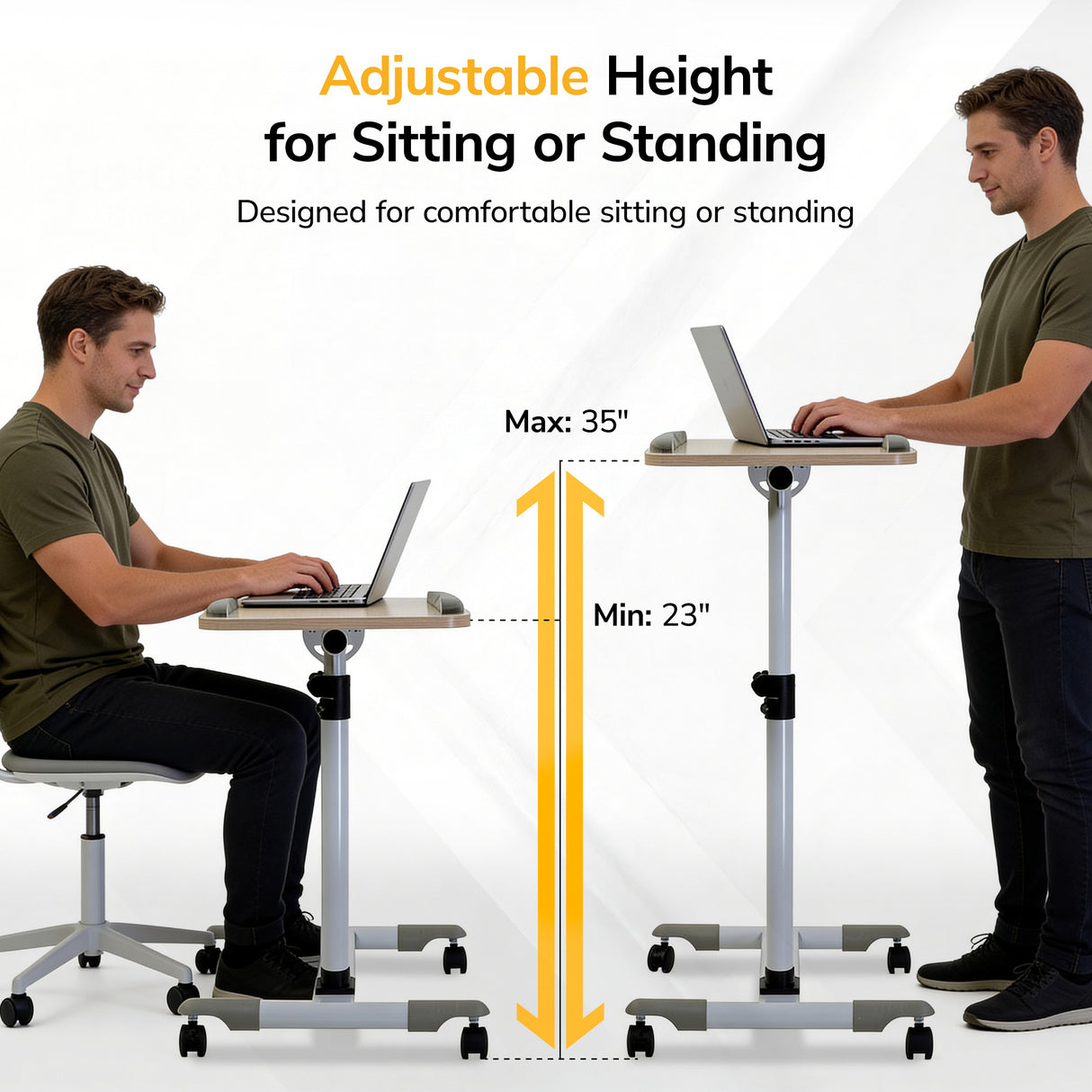 A man uses the Mount-It! Height Adjustable Rolling Laptop Cart, sitting at its 23" height and standing at its 35" max. Text: Adjustable from 23”–35”—ideal for comfort anywhere.