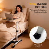 A woman uses the Mount-It! Height Adjustable Rolling Laptop Cart on her bed for work. Text highlights its versatility—for working, reading, or meals. An inset shows a close-up of the wheeled base with locking feature.