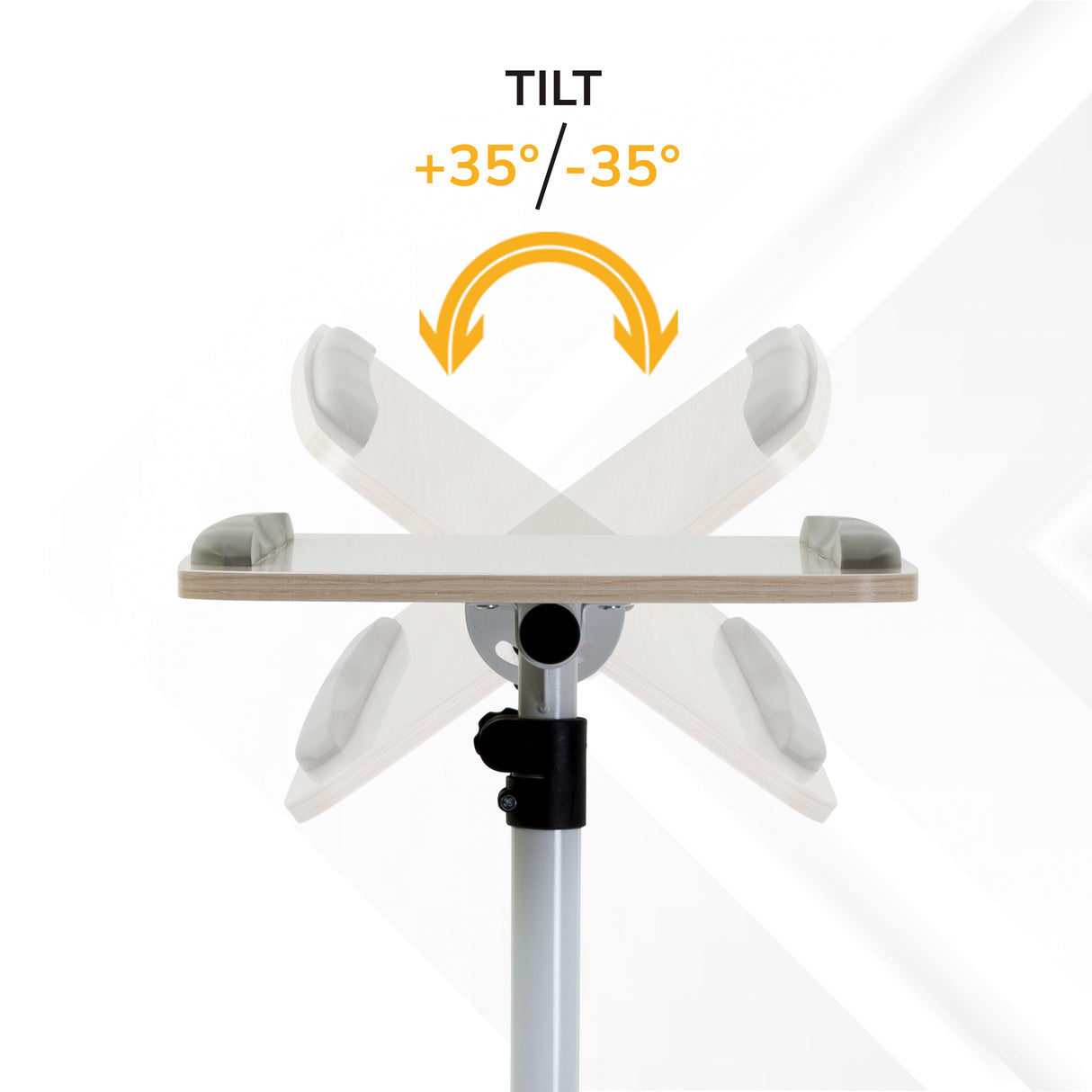 The Mount-It! Height Adjustable Rolling Laptop Cart features a tabletop that tilts forward and backward up to 35°, making it perfect as an over-bed laptop tray. Arrows illustrate the TILT +35°/-35° adjustment for customized comfort.