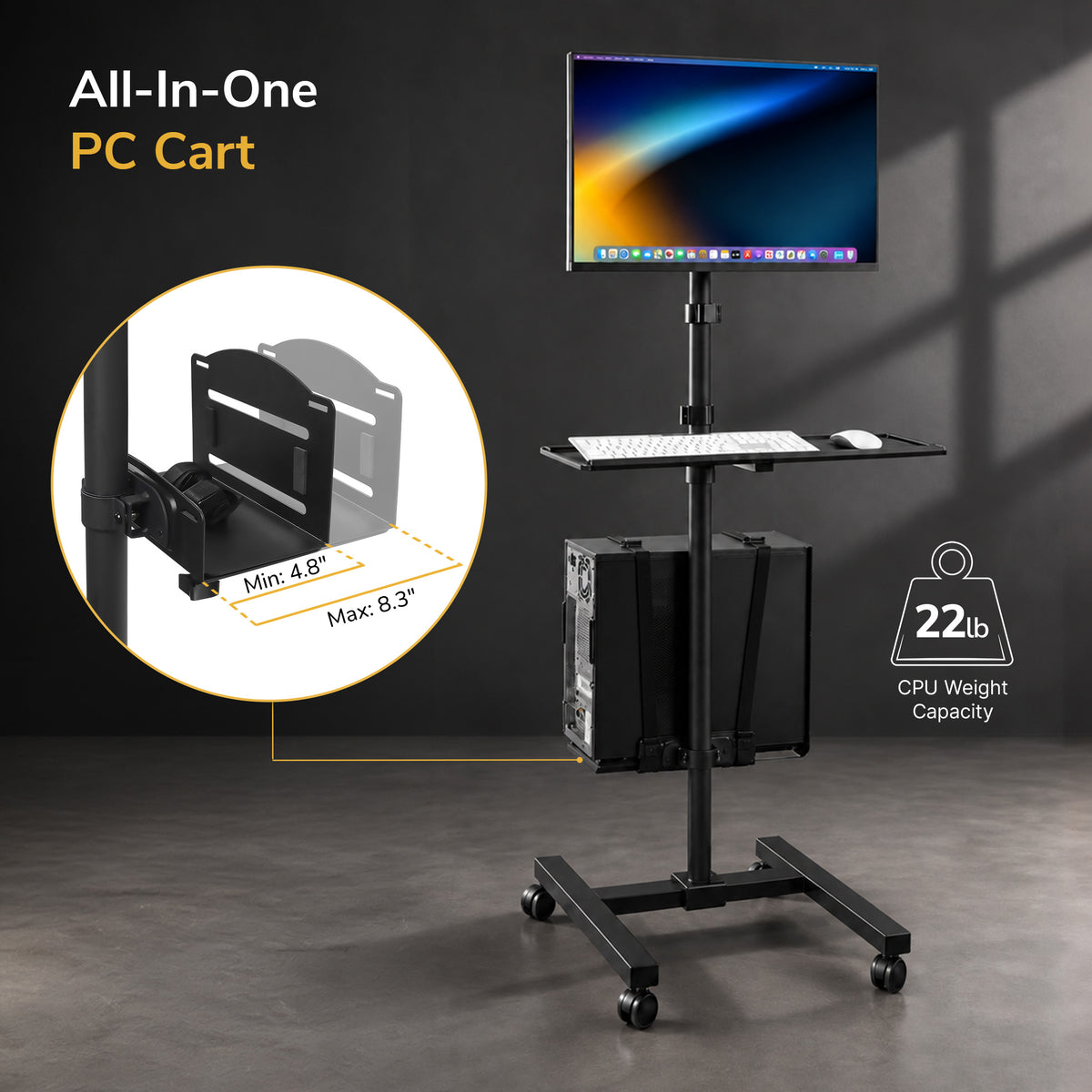 Mobile Cart With Monitor Mount & CPU Holder
