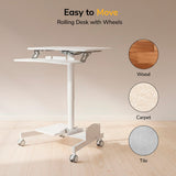 The Mount-It! Mobile Sit-Stand Computer Workstation, shown on a light wood floor, features adjustable height and wheels for easy movement. Three circles indicate suitability for wood, carpet, and tile with text “Easy to Move: Rolling Desk with Wheels.”.