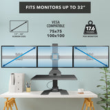 Electric Standing Desk Converter with VESA compatibility and weight information displayed on a light blue background.