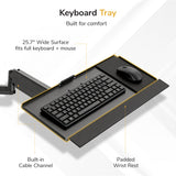 The Mount-It! Single Monitor Sit-Stand Desk Mount with Keyboard Tray offers a 25.7” wide surface, cable management, padded wrist rest, and articulating arms for flexible comfort in both sitting and standing positions.
