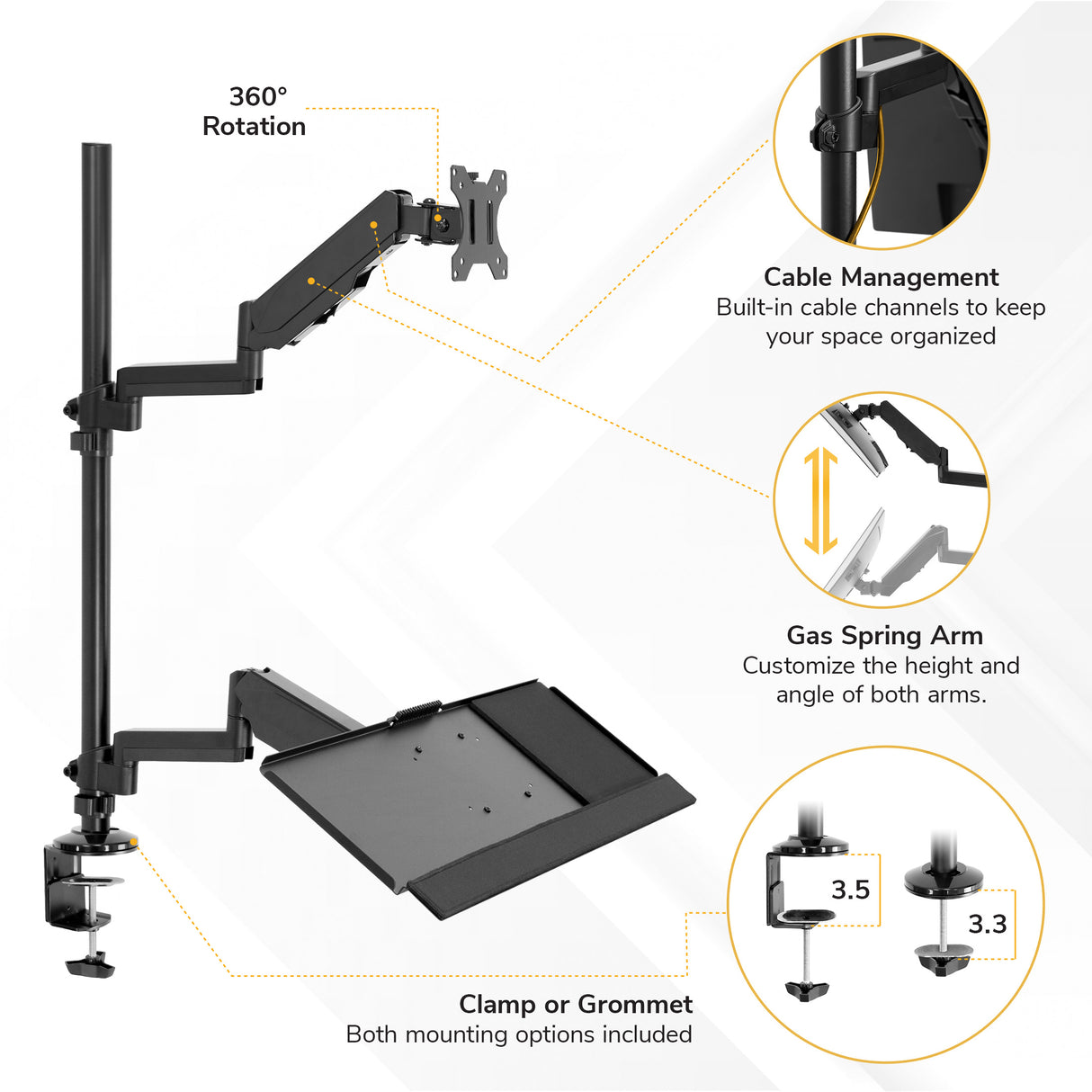 The Mount-It! Single Monitor Sit-Stand Desk Mount with Keyboard Tray features a black articulating arm with 360° rotation, gas spring adjustment, cable management, keyboard tray, and clamp or grommet mounting options. Callouts highlight its adjustable design.