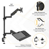 The Mount-It! Single Monitor Sit-Stand Desk Mount with Keyboard Tray features a black articulating arm with 360° rotation, gas spring adjustment, cable management, keyboard tray, and clamp or grommet mounting options. Callouts highlight its adjustable design.