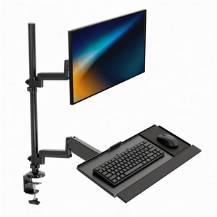 The Mount-It! Single Monitor Sit-Stand Desk Mount with Keyboard Tray features height-adjustable monitor, keyboard, and mouse trays on articulating arms, clamped to a desk edge against a white background.