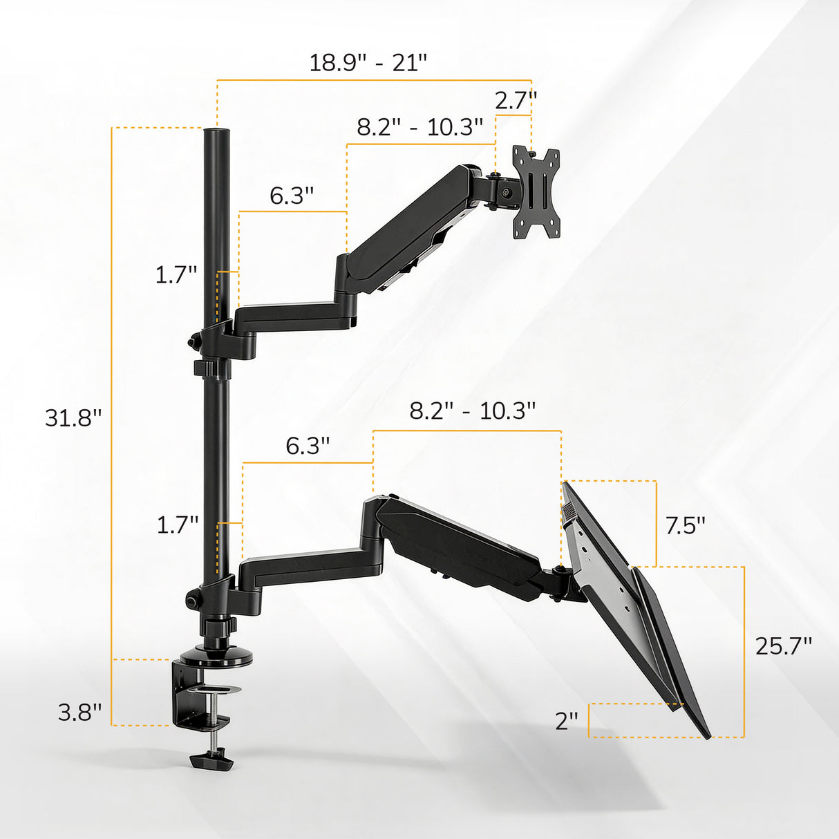 The Mount-It! Single Monitor Sit-Stand Desk Mount with Keyboard Tray features height-adjustable, articulating arms with labeled height, length, and extension ranges for each arm and the total pole height. The mount clamps securely to the desk edge.