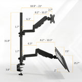 The Mount-It! Single Monitor Sit-Stand Desk Mount with Keyboard Tray features height-adjustable, articulating arms with labeled height, length, and extension ranges for each arm and the total pole height. The mount clamps securely to the desk edge.