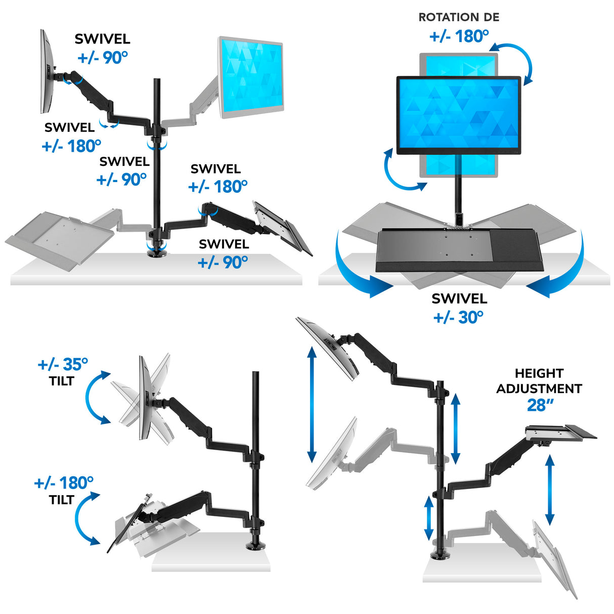 The Mount-It! Single Monitor Sit-Stand Desk Mount with Keyboard Tray features adjustable trays and allows for rotation, swivel (±180°/90°), tilt (±35°/180°), and height adjustment up to 28", ideal for a flexible, ergonomic desk setup.