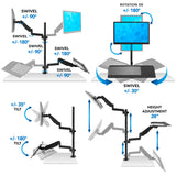 The Mount-It! Single Monitor Sit-Stand Desk Mount with Keyboard Tray features adjustable trays and allows for rotation, swivel (±180°/90°), tilt (±35°/180°), and height adjustment up to 28", ideal for a flexible, ergonomic desk setup.
