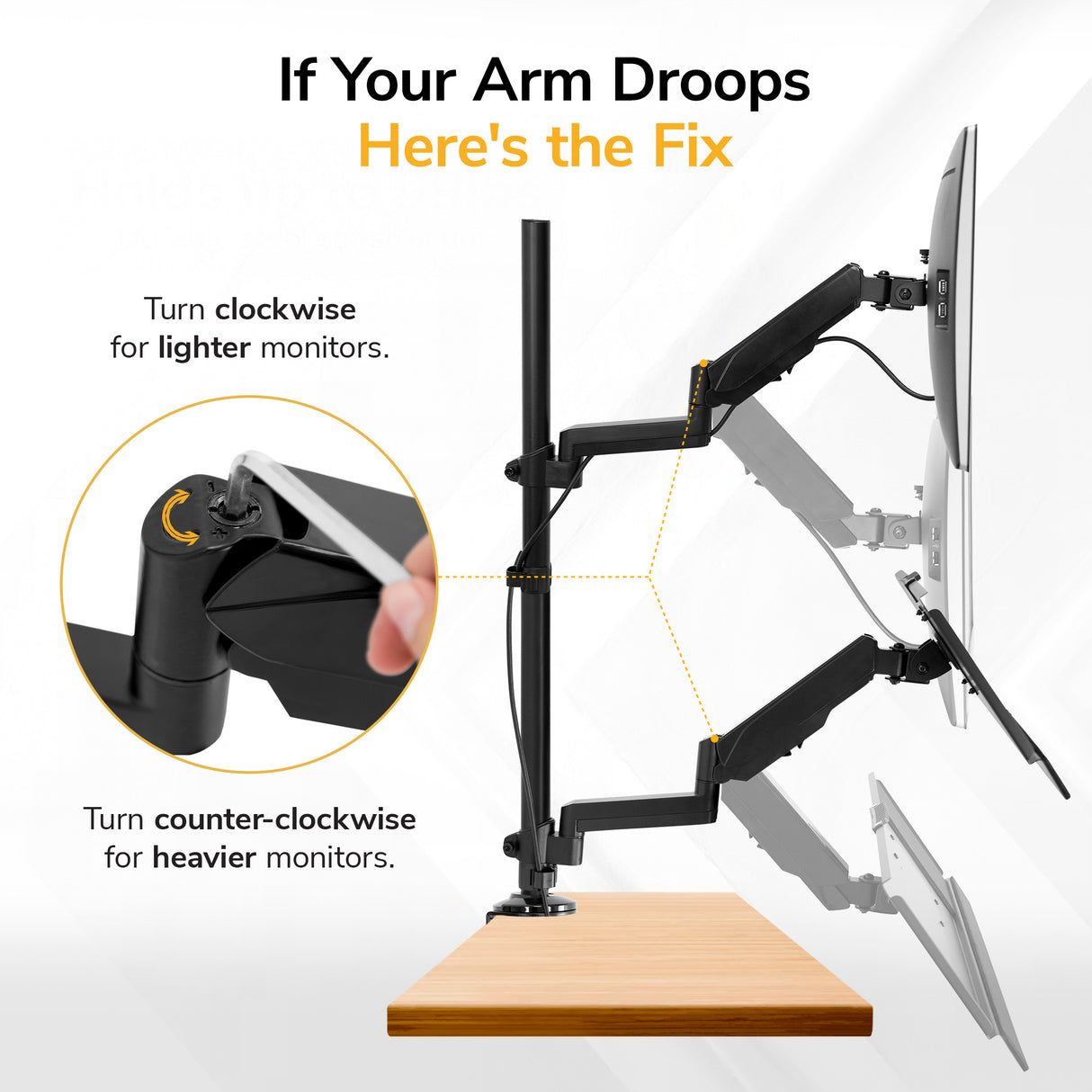Mount-It! Single Monitor Sit-Stand Desk Mount with Keyboard Tray: Instructional graphic shows how to adjust height by turning the screw—clockwise for lighter monitors, counter-clockwise for heavier ones—with diagrams of articulating arms at various heights.