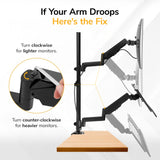 Mount-It! Single Monitor Sit-Stand Desk Mount with Keyboard Tray: Instructional graphic shows how to adjust height by turning the screw—clockwise for lighter monitors, counter-clockwise for heavier ones—with diagrams of articulating arms at various heights.