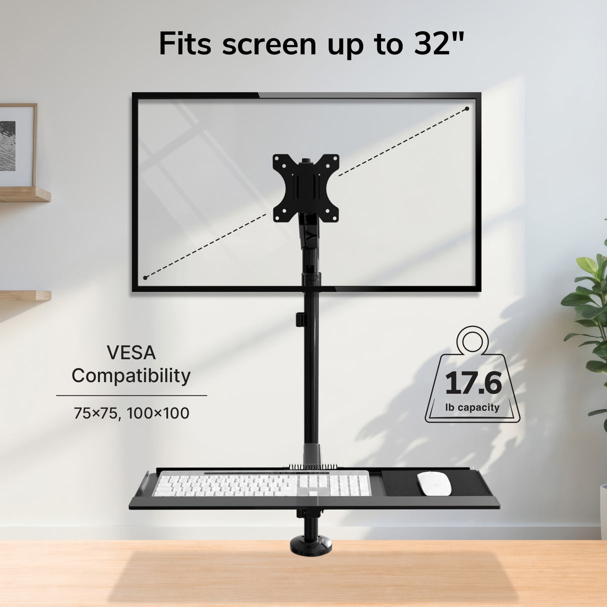 The Mount-It! Single Monitor Sit-Stand Desk Mount with Keyboard Tray fits screens up to 32", supports 17.6 lbs, has VESA (75x75, 100x100), articulating arms, and a height-adjustable design—shown on a light wood desk beside a plant.