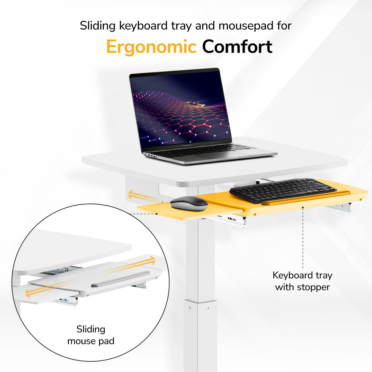 The Mount-It! Laptop Cart with Pull-Out Keyboard Tray is a white mobile desk featuring a yellow ergonomic tray with stopper, mouse pad, and space for your keyboard, mouse, and laptop—designed for ergonomic comfort and adjustable workstation use.
