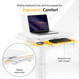 The Mount-It! Laptop Cart with Pull-Out Keyboard Tray is a white mobile desk featuring a yellow ergonomic tray with stopper, mouse pad, and space for your keyboard, mouse, and laptop—designed for ergonomic comfort and adjustable workstation use.