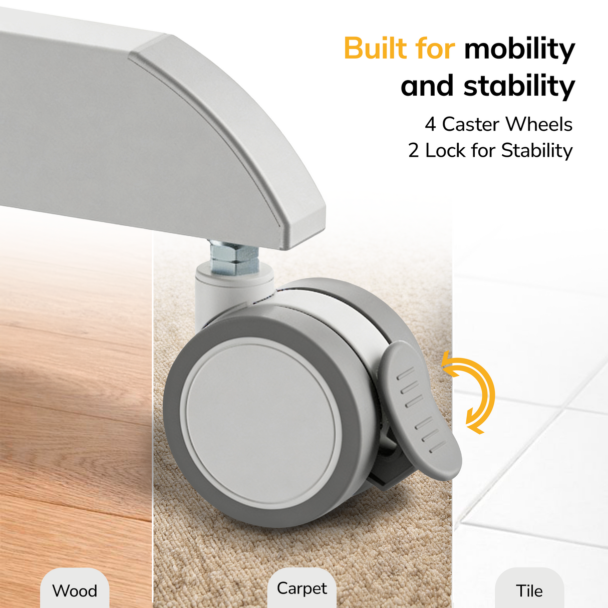 Close-up of a gray caster wheel with locking pedal on the Mount-It! Laptop Cart with Pull-Out Keyboard Tray. Four caster wheels—two with locks—provide mobility and stability for your adjustable workstation on any surface.