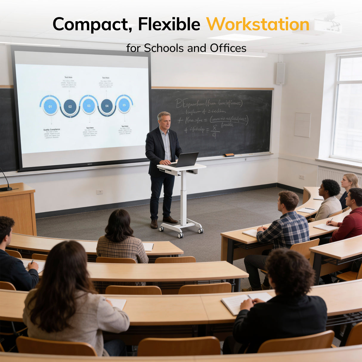 A man uses the Mount-It! Laptop Cart with Pull-Out Keyboard Tray while presenting in a university classroom. A projected chart and filled blackboard are visible. Text reads: Compact, Flexible Laptop Cart for Schools and Offices.
