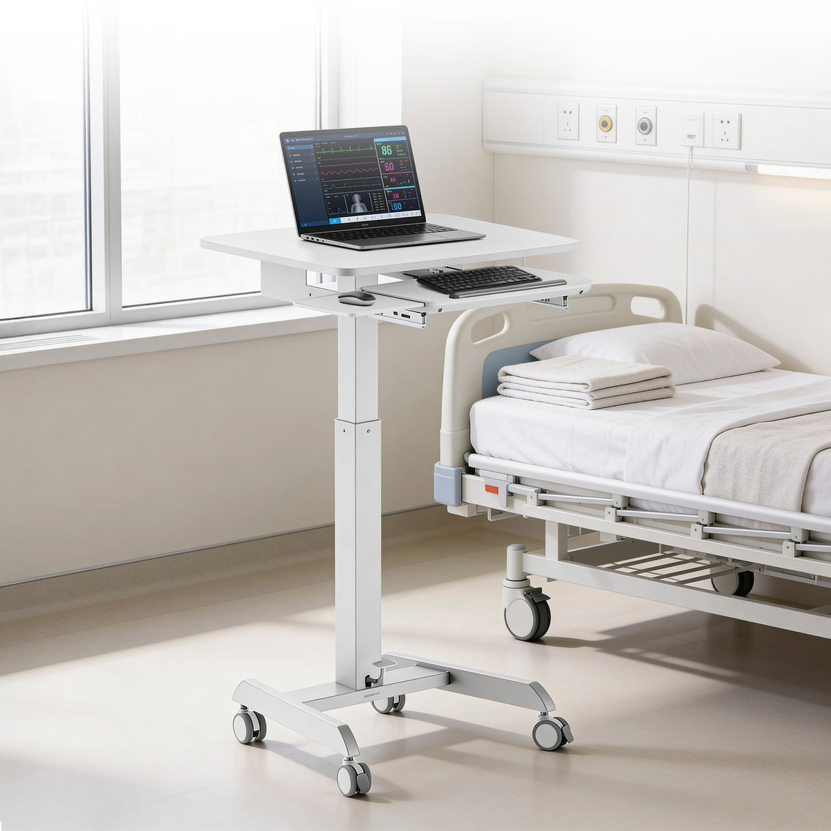 The Mount-It! Laptop Cart with Pull-Out Keyboard Tray, a height-adjustable and mobile standing desk, is positioned beside a hospital bed with folded towels in a bright, clean hospital room.