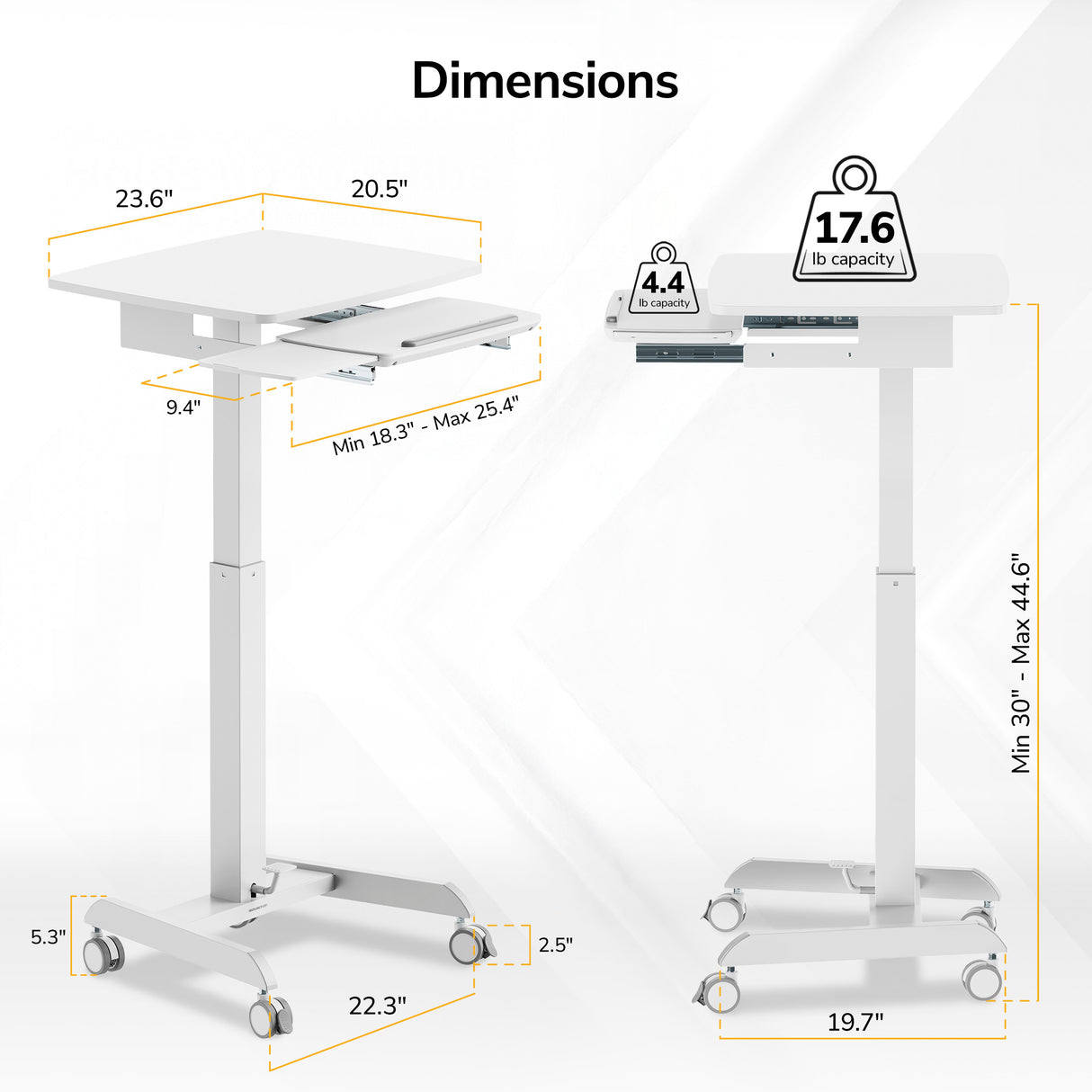 The Mount-It! Laptop Cart with Pull-Out Keyboard Tray features a 23.6" x 20.5" tabletop, adjustable height from 30–44.6", and a keyboard tray extending 18.3–25.4", making it an ergonomic mobile workstation anywhere you need it.
