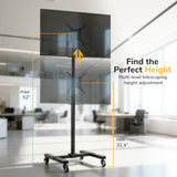 The Mount-It! Adjustable Mobile TV Stand is shown with a mounted screen, demonstrating height adjustment from 32.4 to 52 inches. Text reads: “Find the Perfect Height—multi-level telescoping height on locking casters.”.