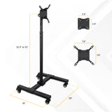The Mount-It! Adjustable Mobile TV Stand features VESA 3.9"x3.9" or 7.9"x7.9" mount plate, base size 18"x20", four locking casters for mobility, and height adjustment from 32.4" to 52"—perfect for versatile setups.