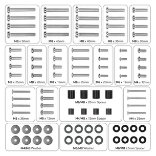 The Mount-It! TV Hardware Kit features a labeled diagram of assorted M8, M6, and M5 screws (12mm–50mm), round washers, and spacers in various sizes—perfect for universal TV mounting.