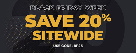 Black Friday Week promotion banner with bold yellow text: Save 20% sitewide. Smaller text below reads: Use code: BF25. Dark background with large faint numbers and dotted patterns.