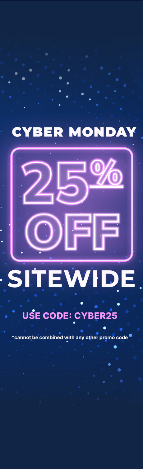 Cyber Monday sale graphic with a glowing neon sign that reads 25% OFF SITEWIDE. Below is text: “USE CODE: CYBER25” and a note: “*cannot be combined with any other promo code.” Blue dotted background. Cyber Monday sale graphic with a glowing neon sign that reads 25% OFF SITEWIDE. Below is text: “USE CODE: CYBER25” and a note: “*cannot be combined with any other promo code.” Blue dotted background.
