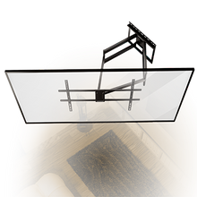 Overhead view of a flat-screen TV mounted on a wall bracket with an adjustable arm, positioned above a room with a rug and furniture partially visible below.