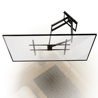 Overhead view of a flat-screen TV mounted on a wall bracket with an adjustable arm, positioned above a room with a rug and furniture partially visible below.