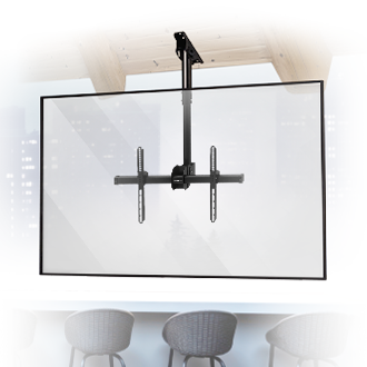 A flat-screen TV mounted on a ceiling bracket in front of large windows, with three bar stools visible below in a modern room setting.