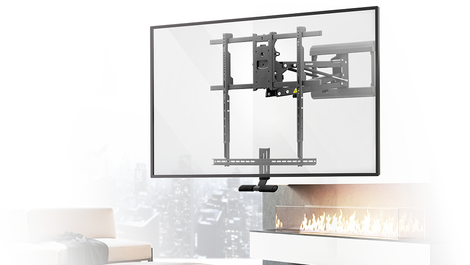 A wall-mounted flat-screen TV on an adjustable bracket above a modern fireplace, with a city view visible through a window and a sofa in the background.