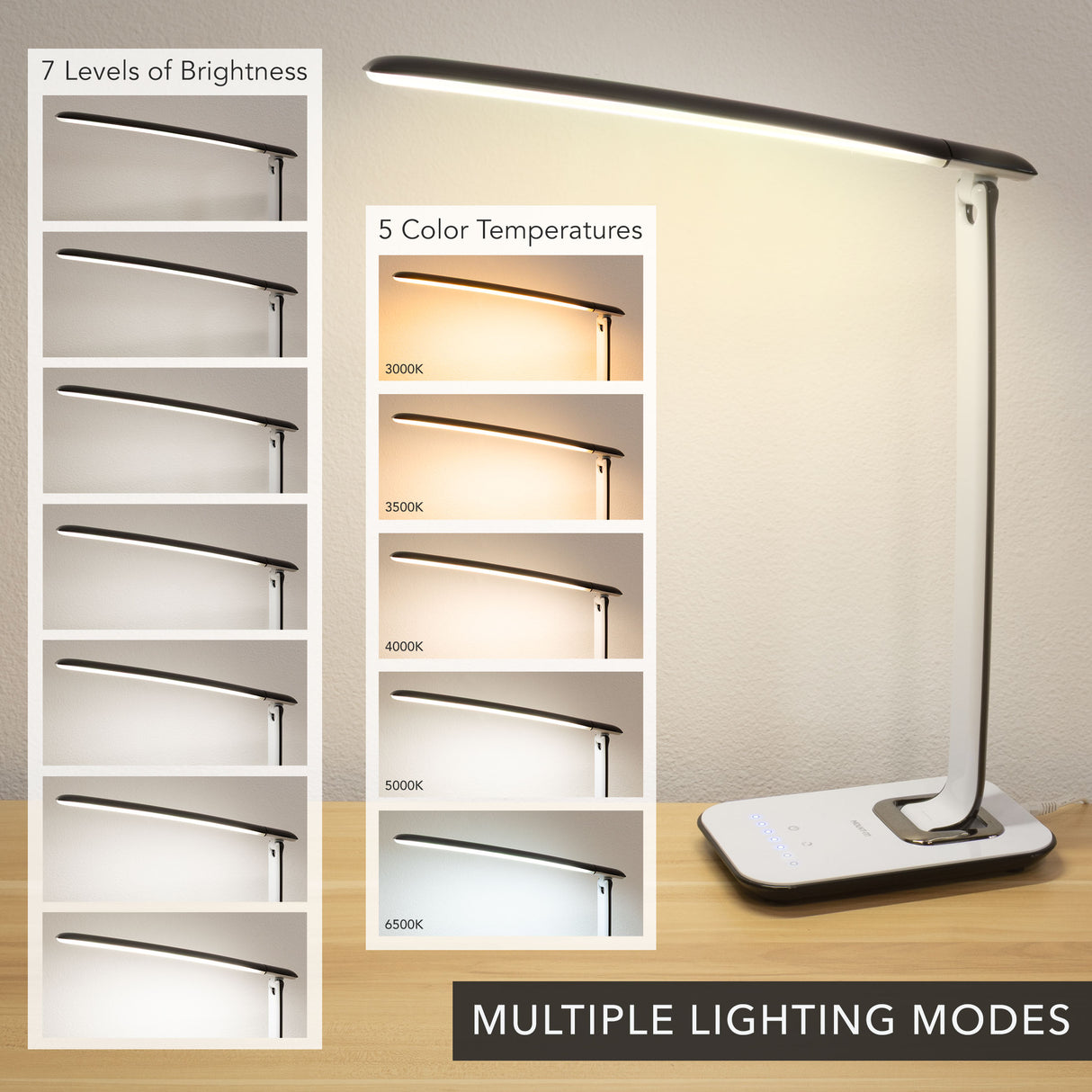 The Mount-It! Turcom Relaxalight LED Desk Lamp features 7 brightness levels and 5 color temperatures (3000K–6500K), providing customizable, eye-friendly lighting for your workspace.