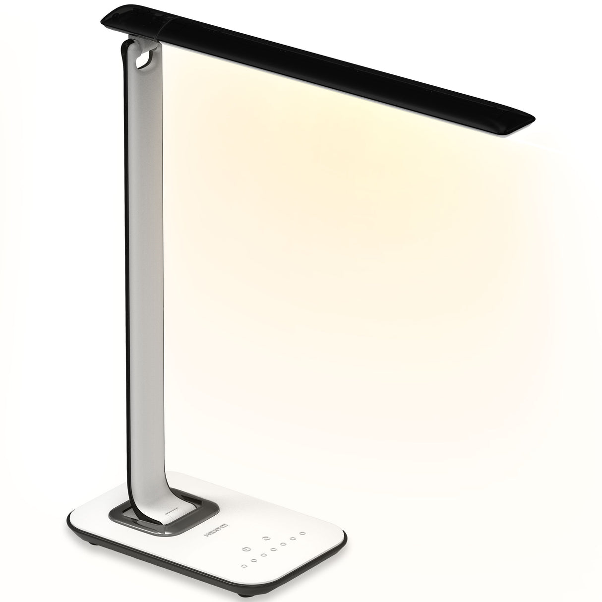The Mount-It! Turcom Relaxalight LED Desk Lamp is a sleek white and black lamp with a rectangular base, offering touch-sensitive controls, eye protection lighting, and soft warm light.