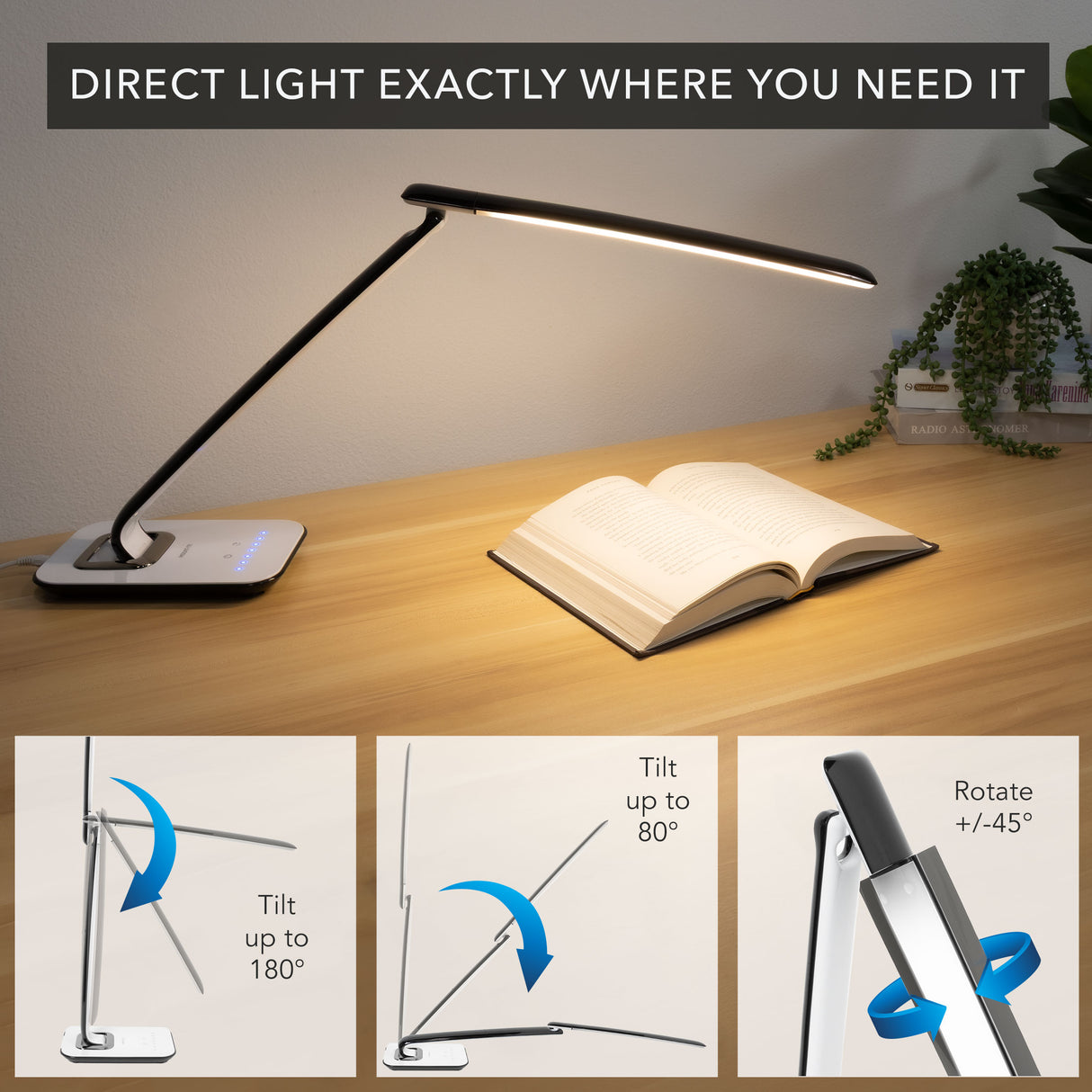 The Mount-It! Turcom Relaxalight LED Desk Lamp in black illuminates an open book on a wooden desk. Insets display its adjustable features: tilts up to 180° and 80°, and rotates ±45°. A potted plant decorates the background.