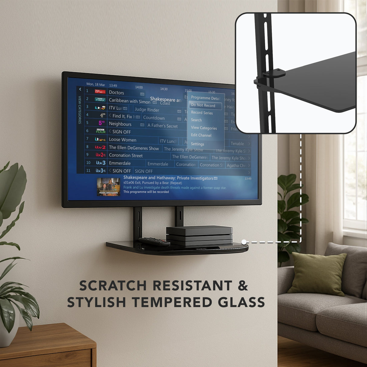 Component Shelves - AV Component Shelf For Wall Mounted TV | 1 Tempered Glass Shelf - Mount-It! - MI-8401
