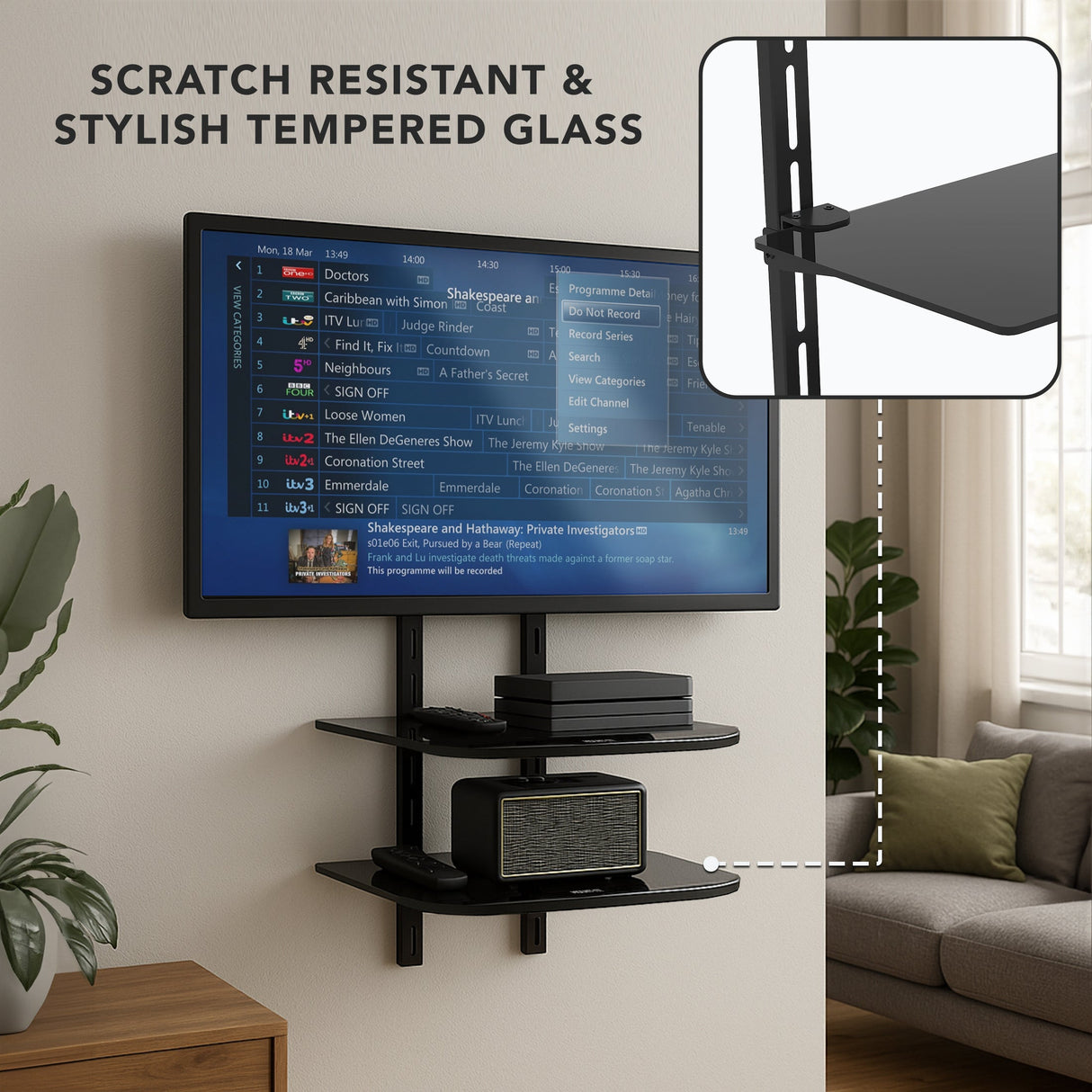 Component Shelves - AV Component Shelf For Wall Mounted TV | 2 Tempered Glass Shelves - Mount-It! - MI-8402