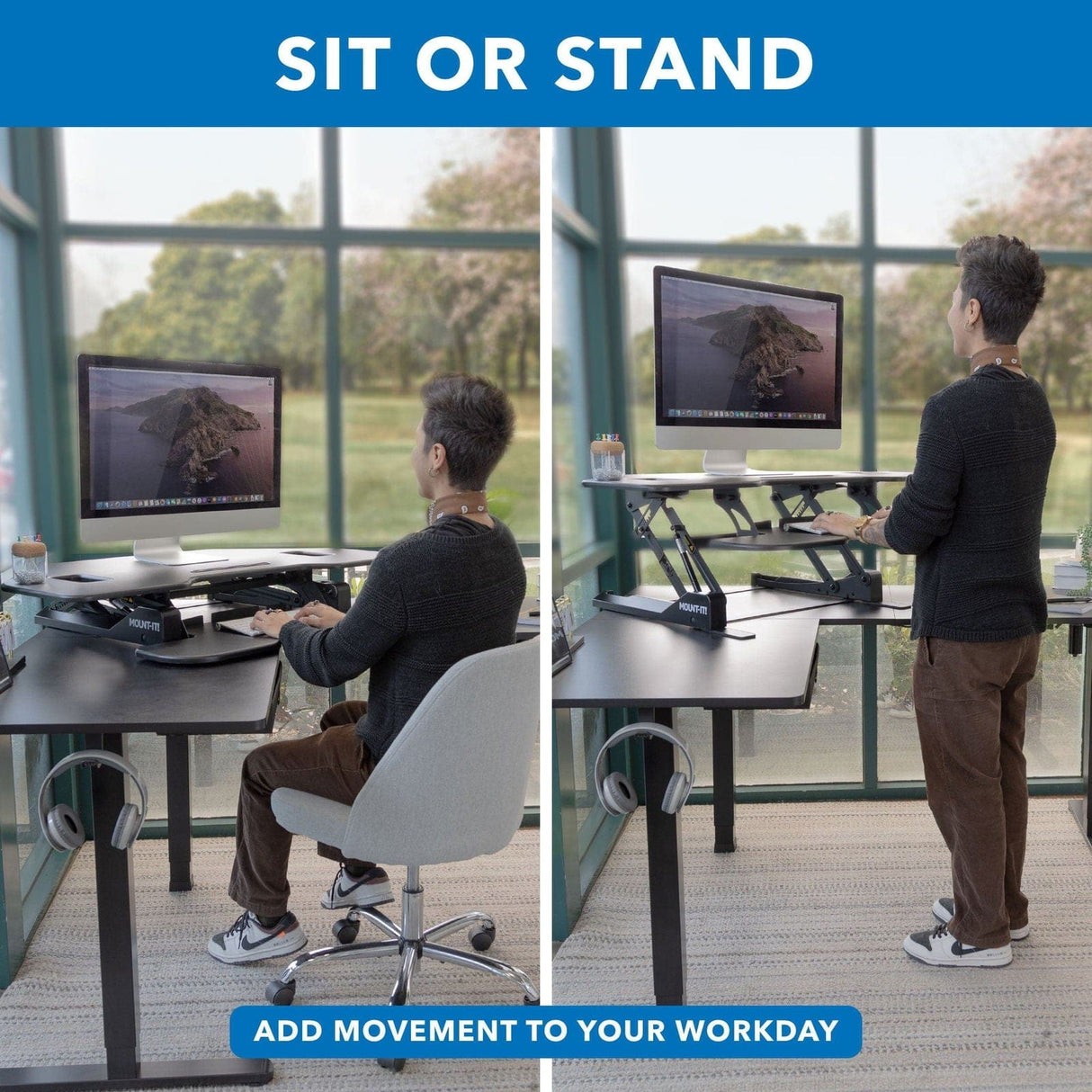 Black Desk Converters - Corner Sit Stand Desk Converter - Mount-It! - MI-7958A