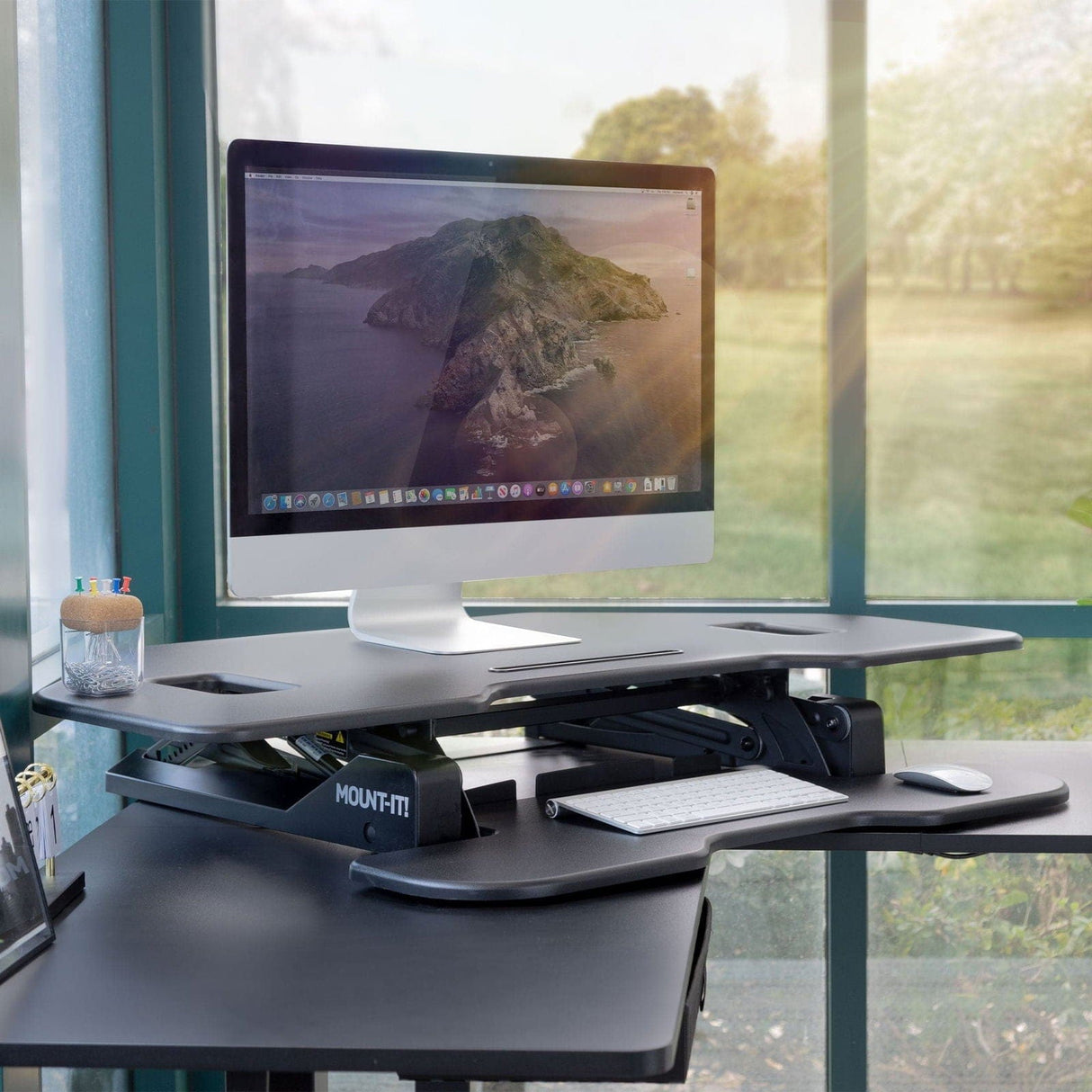 Black Desk Converters - Corner Sit Stand Desk Converter - Mount-It! - MI-7958A
