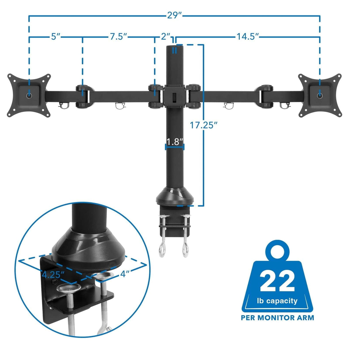 Black Monitor Mount - Dual Monitor Desk Mount for 13-27 Inch Screens - Mount-It! - MI-752