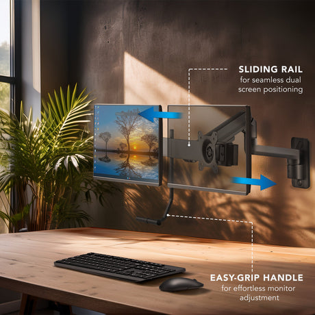 Black Monitor Mount - Dual Monitor Wall Mount with Gas Spring Arm and Crossbar - Mount-It! - MI-12010