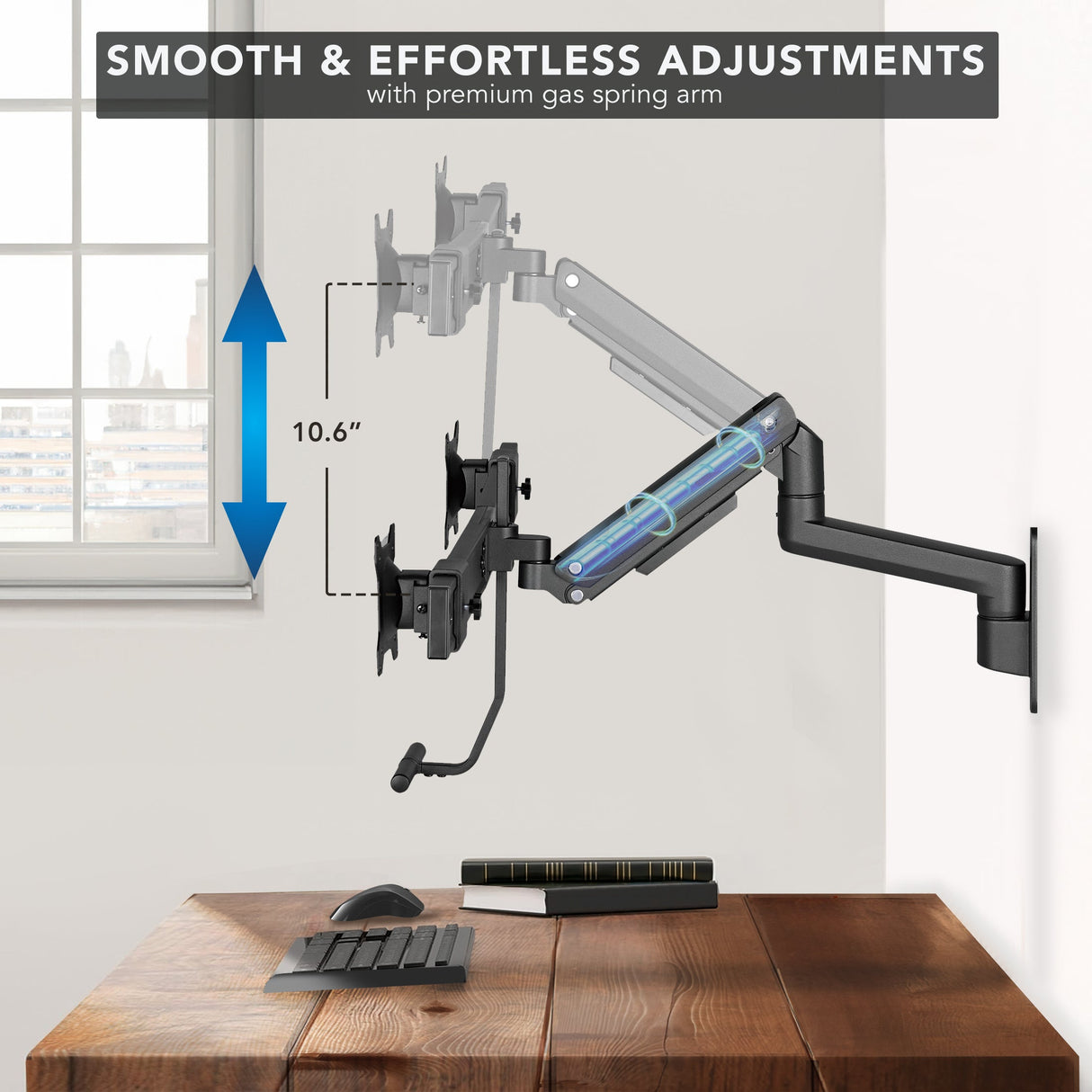 Black Monitor Mount - Dual Monitor Wall Mount with Gas Spring Arm and Crossbar - Mount-It! - MI-12010