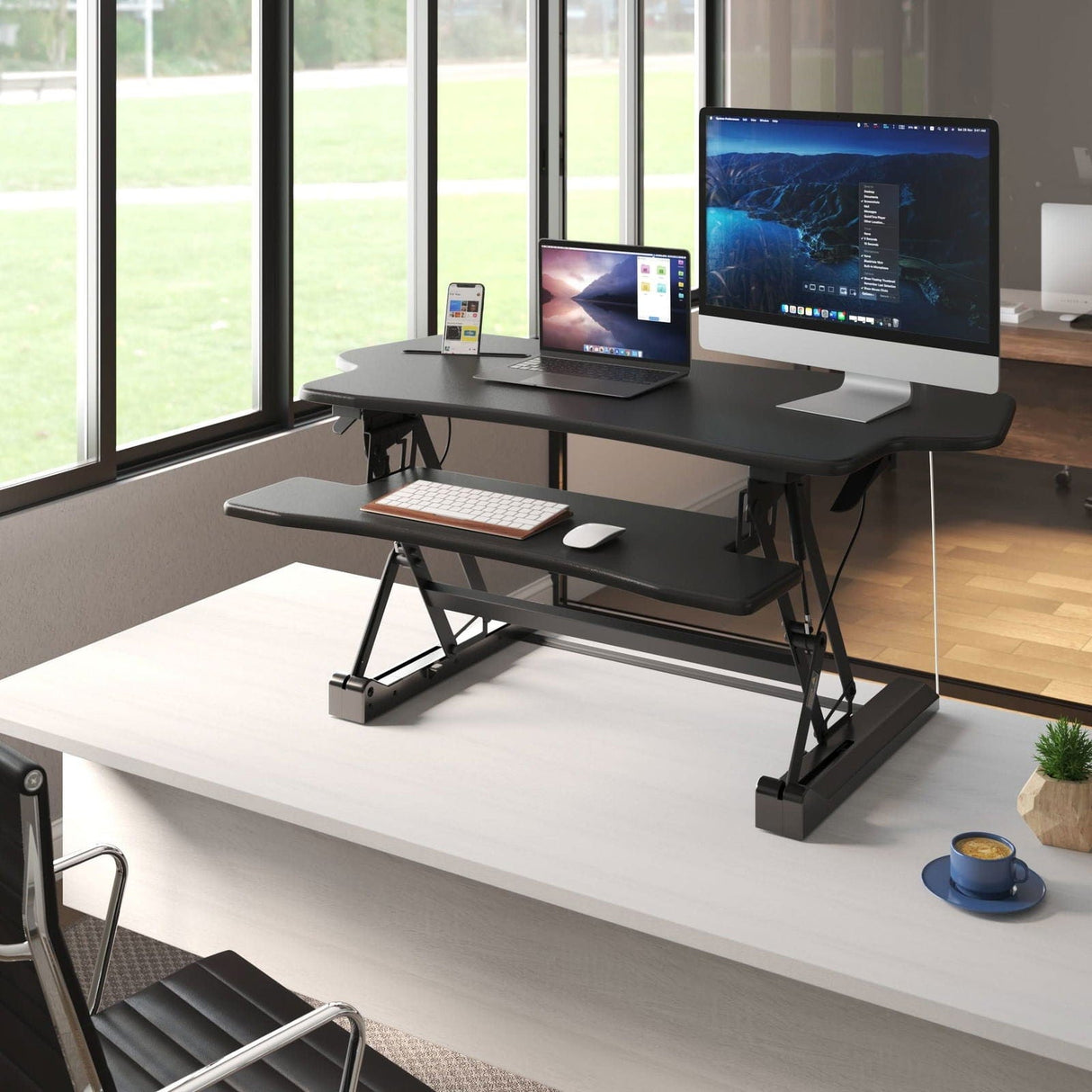 Black Desk Converters - Extra Wide Height Adjustable Standing Desk Converter - Mount-It! - MI-7925