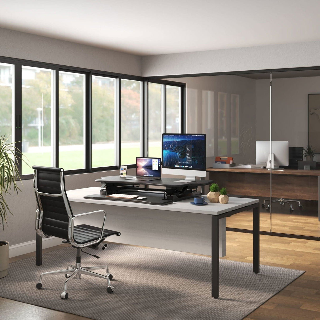 Black Desk Converters - Extra Wide Height Adjustable Standing Desk Converter - Mount-It! - MI-7925